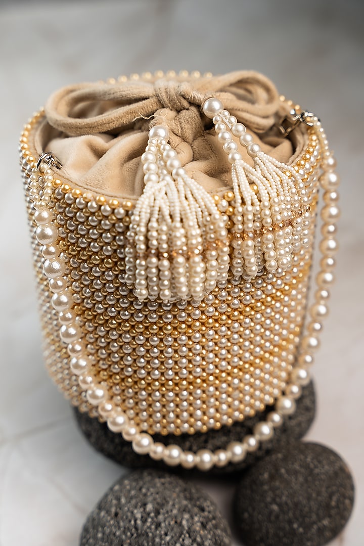 Cream & Gold Silk Bead Work Potli by Nayaab by Sonia at Pernia's Pop Up Shop