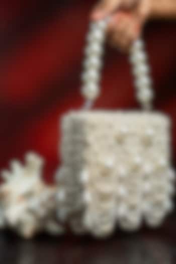Off-White Suede Pearl Work Box Clutch by Nayaab by Sonia at Pernia's Pop Up Shop