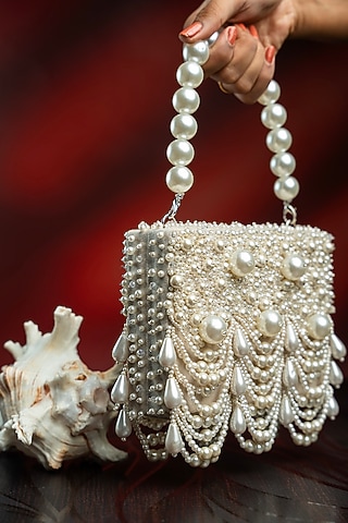 Off-White Suede Pearl Work Box Clutch by Nayaab by Sonia