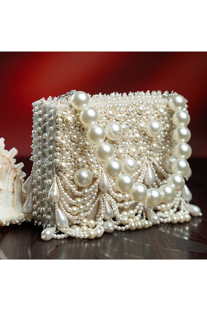 Off-White Suede Pearl Work Box Clutch by Nayaab by Sonia at Pernia's Pop Up Shop