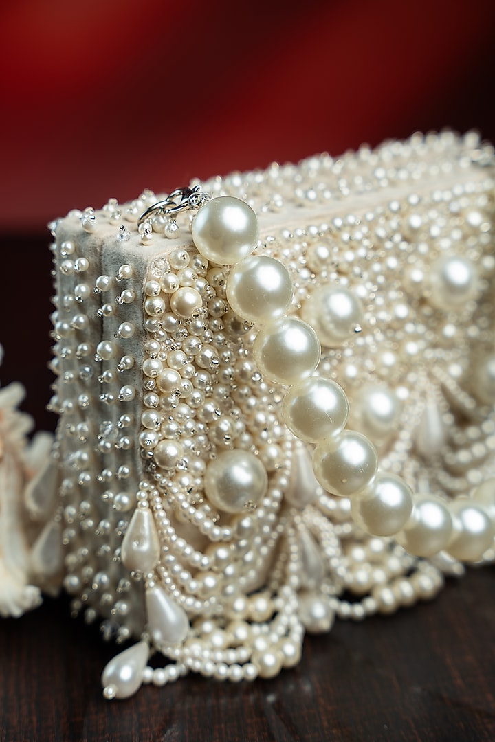 Off-White Suede Pearl Work Box Clutch by Nayaab by Sonia at Pernia's Pop Up Shop