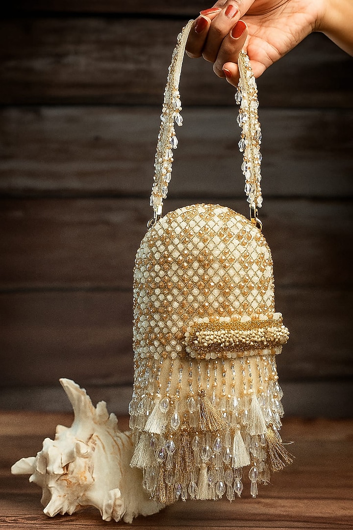 Cream & Gold Silk Pearl Work Box Clutch by Nayaab by Sonia at Pernia's Pop Up Shop