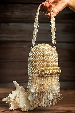 Cream & Gold Silk Pearl Work Box Clutch by Nayaab by Sonia