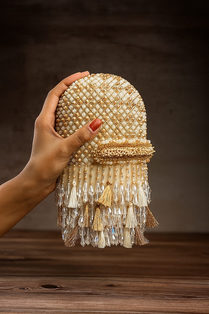 Cream & Gold Silk Pearl Work Box Clutch by Nayaab by Sonia at Pernia's Pop Up Shop