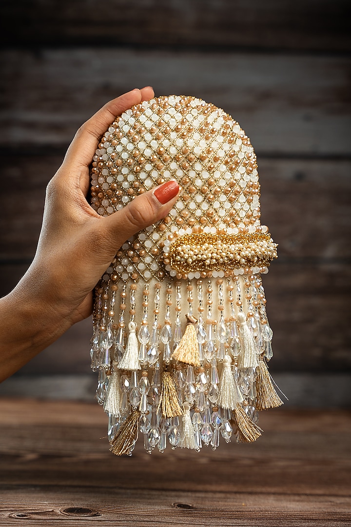 Cream & Gold Silk Pearl Work Box Clutch by Nayaab by Sonia at Pernia's Pop Up Shop