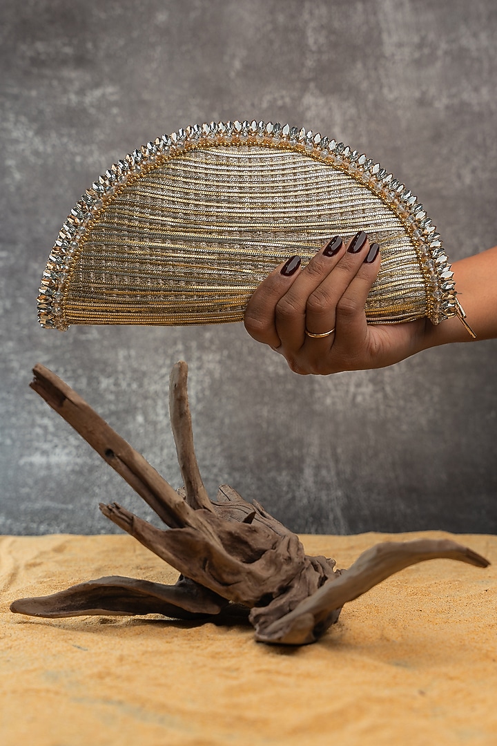 Silver & Gold Silk Metallic Thread Embroidered Hand Bag by Nayaab by Sonia at Pernia's Pop Up Shop