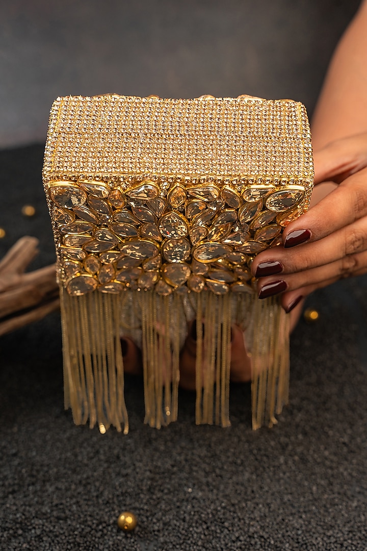 Gold Silk Diamond Embroidered Structured Bucket Bag by Nayaab by Sonia at Pernia's Pop Up Shop
