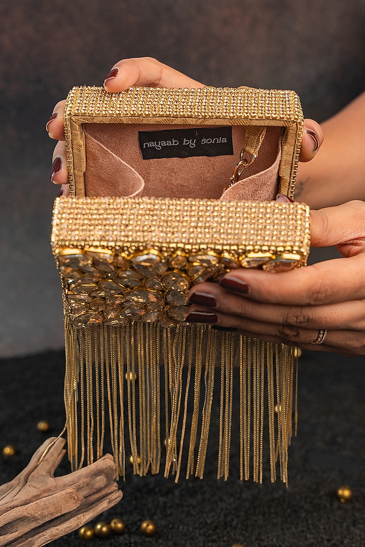 Gold Silk Diamond Embroidered Structured Bucket Bag by Nayaab by Sonia at Pernia's Pop Up Shop