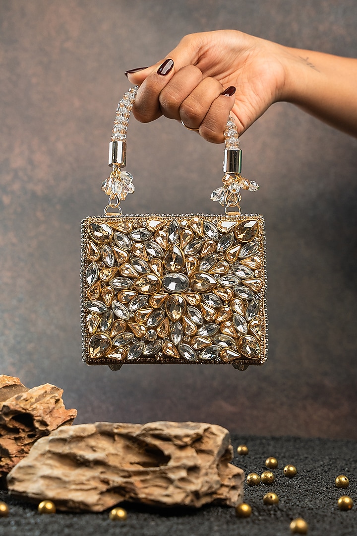 Silver & Gold Silk Crystal Embroidered Mini Bag by Nayaab by Sonia at Pernia's Pop Up Shop