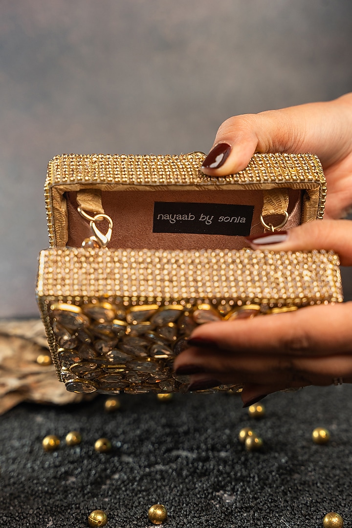 Gold Silk Crystal Embroidered Mini Bag by Nayaab by Sonia at Pernia's Pop Up Shop