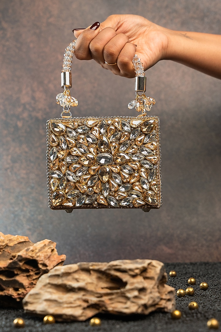 Silver & Gold Silk Diamond Embroidered Mini Bag by Nayaab by Sonia at Pernia's Pop Up Shop