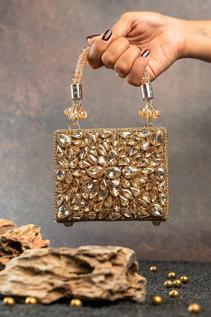 Gold Silk Diamond Embroidered Mini Bag by Nayaab by Sonia at Pernia's Pop Up Shop