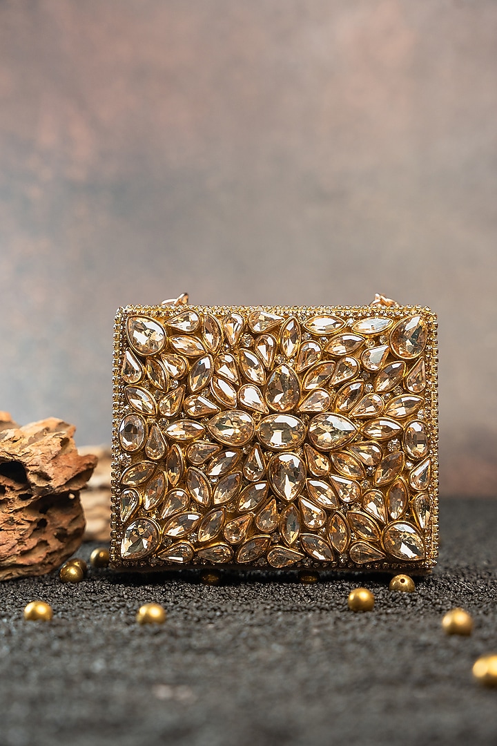 Gold Silk Diamond Embroidered Mini Bag by Nayaab by Sonia at Pernia's Pop Up Shop