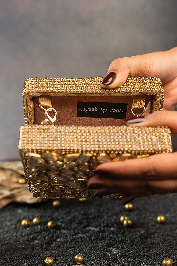 Gold Silk Diamond Embroidered Mini Bag by Nayaab by Sonia at Pernia's Pop Up Shop