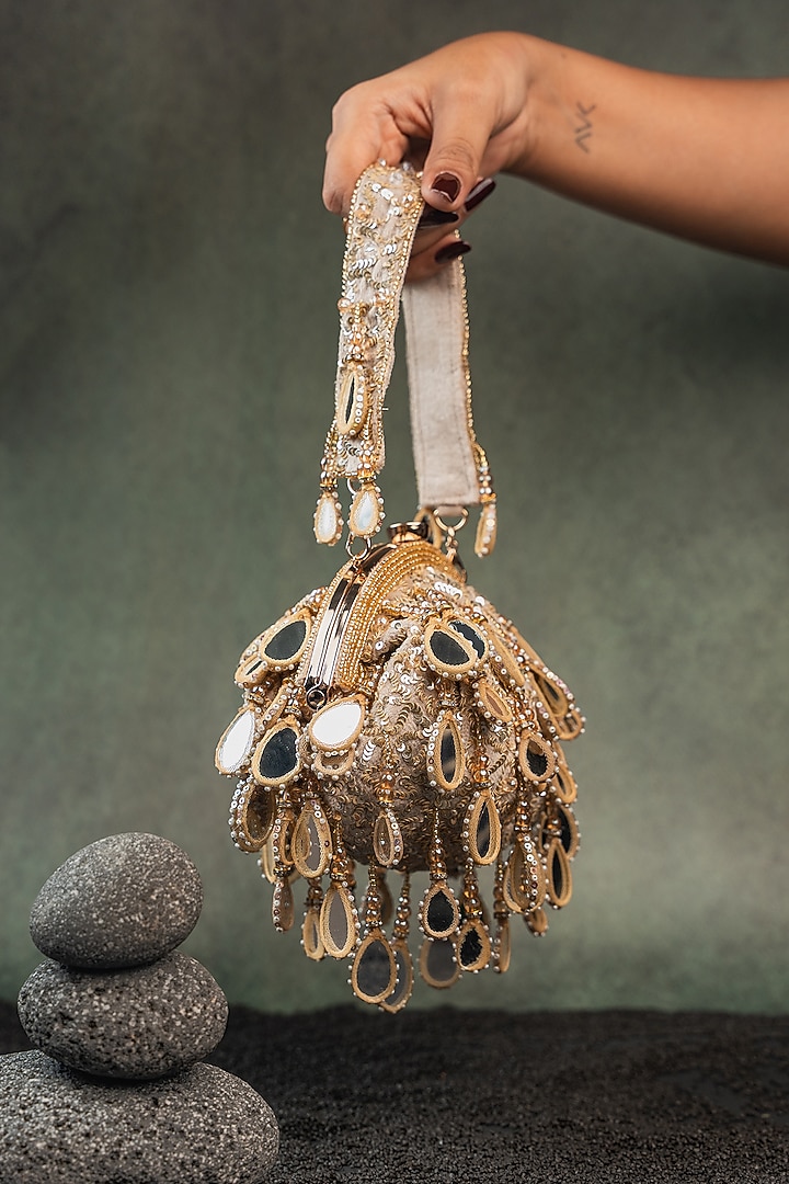 Gold Silk Sequin Embroidered Clutch by Nayaab by Sonia at Pernia's Pop Up Shop