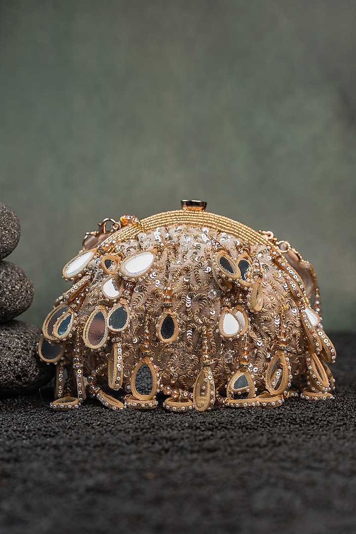 Gold Silk Sequin Embroidered Clutch by Nayaab by Sonia at Pernia's Pop Up Shop