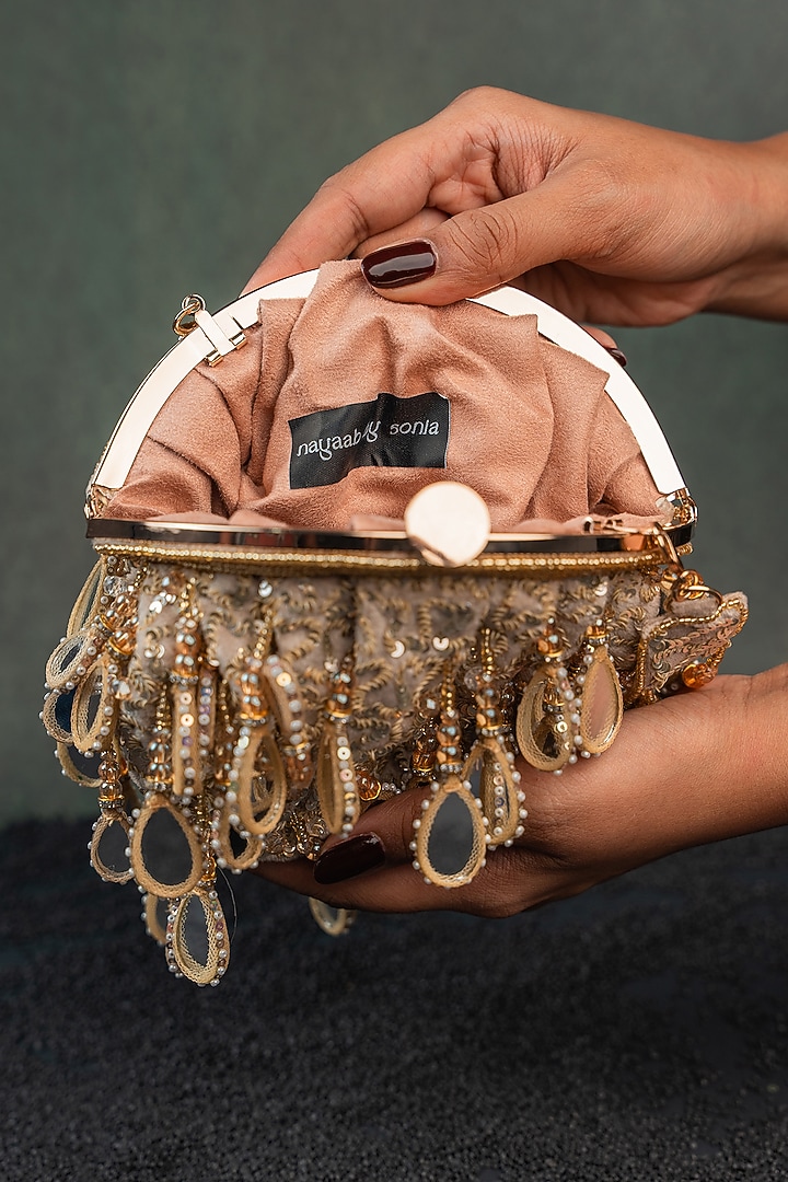 Gold Silk Sequin Embroidered Clutch by Nayaab by Sonia at Pernia's Pop Up Shop