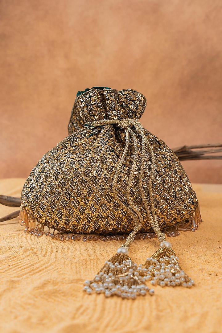 Gold Silk Sequin Embroidered Potli Bag by Nayaab by Sonia at Pernia's Pop Up Shop