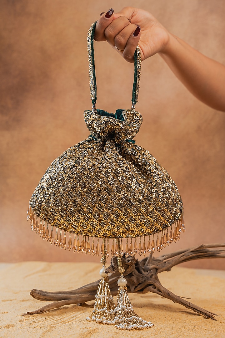 Gold Silk Sequin Embroidered Potli Bag by Nayaab by Sonia at Pernia's Pop Up Shop