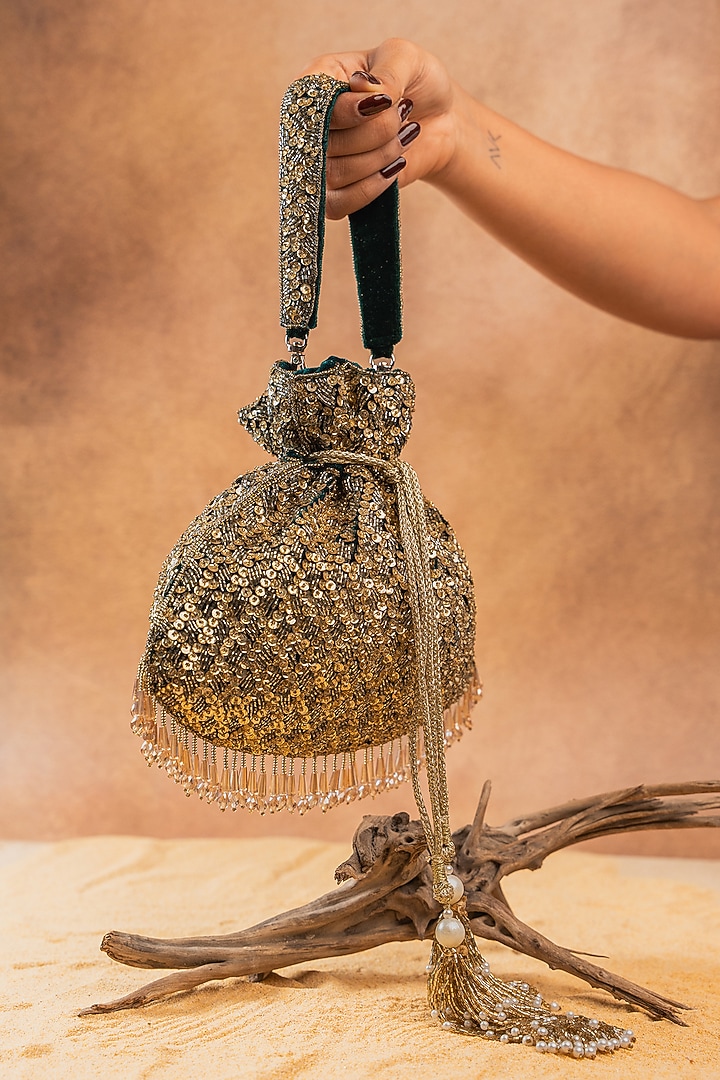 Gold Silk Sequin Embroidered Potli Bag by Nayaab by Sonia at Pernia's Pop Up Shop