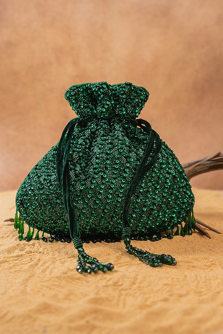 Green Silk Sequin Embroidered Potli Bag by Nayaab by Sonia at Pernia's Pop Up Shop
