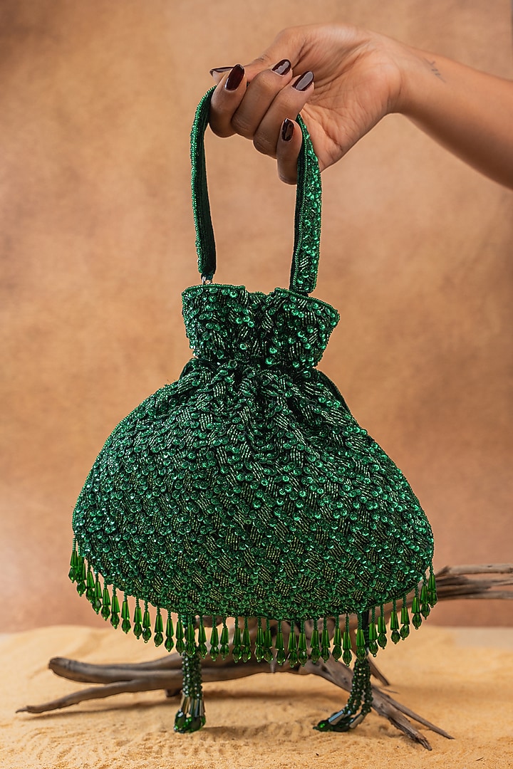 Green Silk Sequin Embroidered Potli Bag by Nayaab by Sonia at Pernia's Pop Up Shop