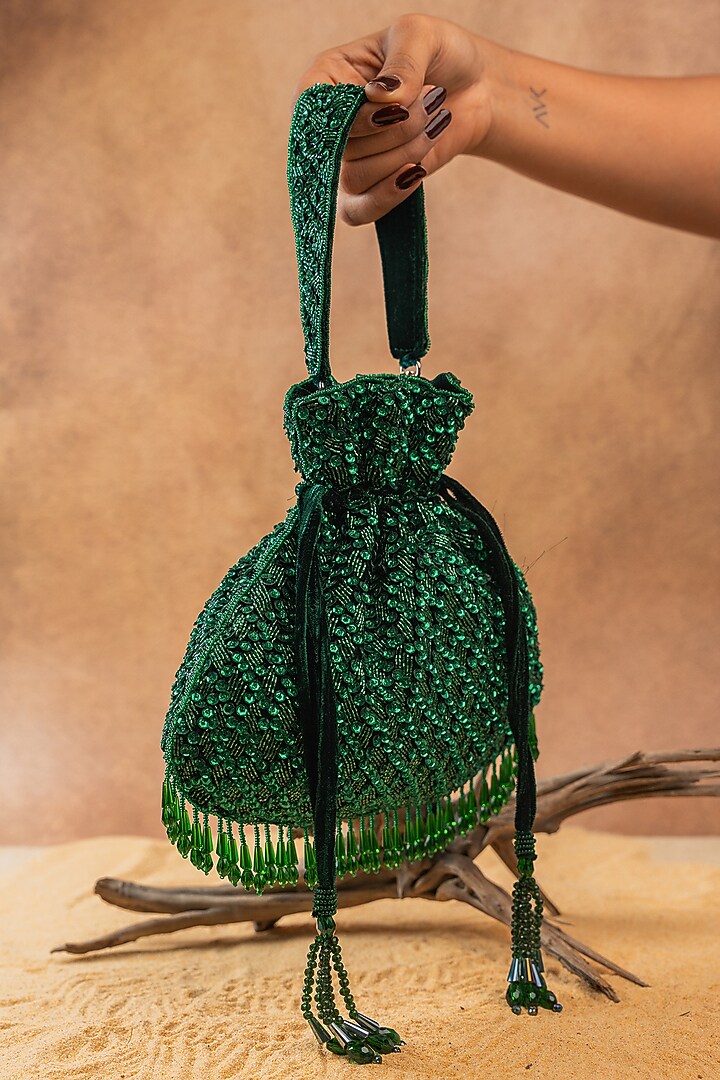 Green Silk Sequin Embroidered Potli Bag by Nayaab by Sonia at Pernia's Pop Up Shop