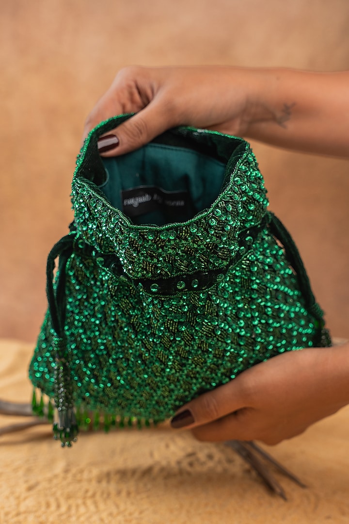 Green Silk Sequin Embroidered Potli Bag by Nayaab by Sonia at Pernia's Pop Up Shop