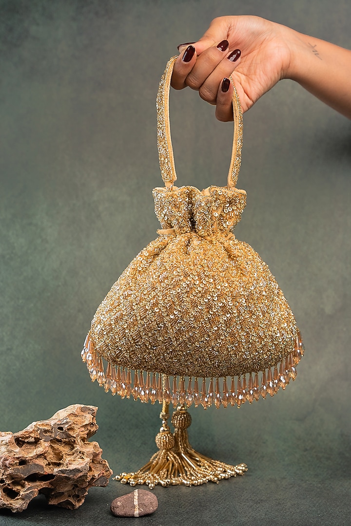 Gold Silk Crystal Embroidered Potli Bag by Nayaab by Sonia at Pernia's Pop Up Shop