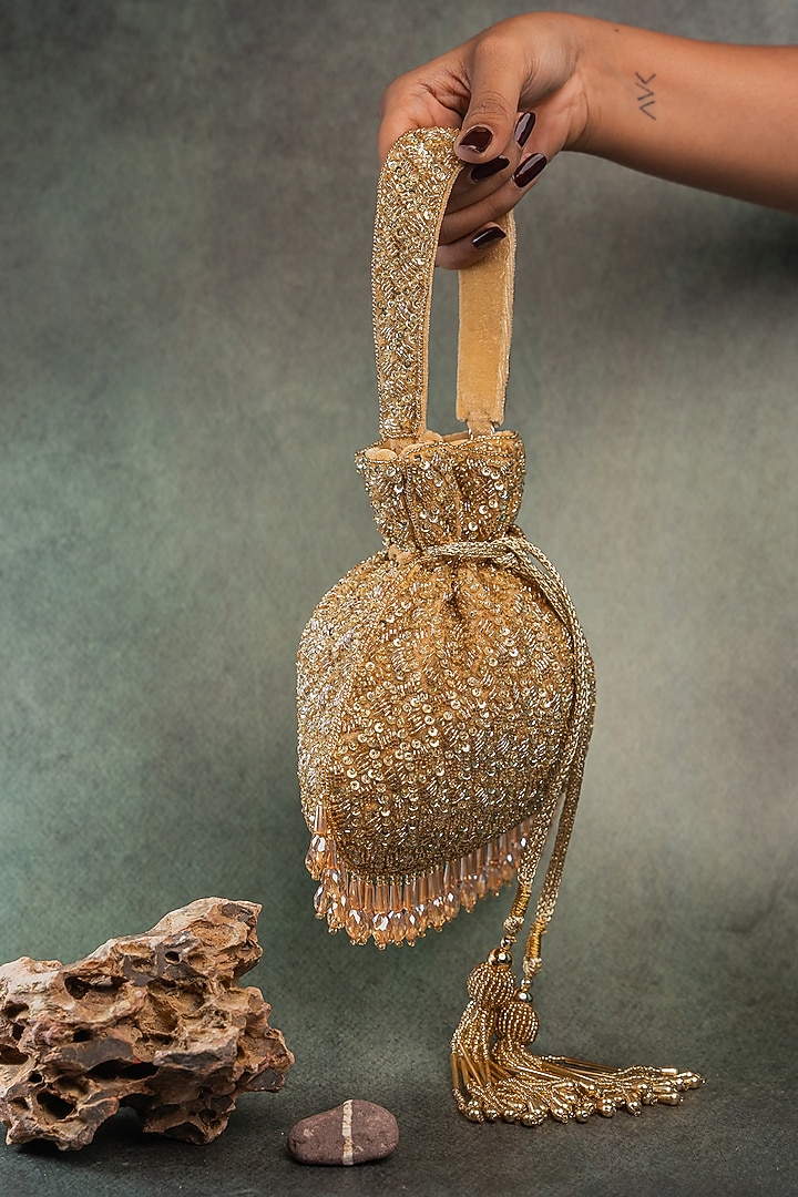 Gold Silk Crystal Embroidered Potli Bag by Nayaab by Sonia at Pernia's Pop Up Shop