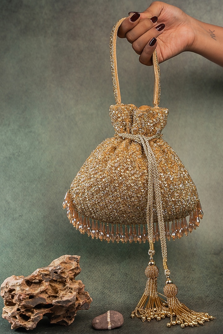 Gold Silk Crystal Embroidered Potli Bag by Nayaab by Sonia at Pernia's Pop Up Shop