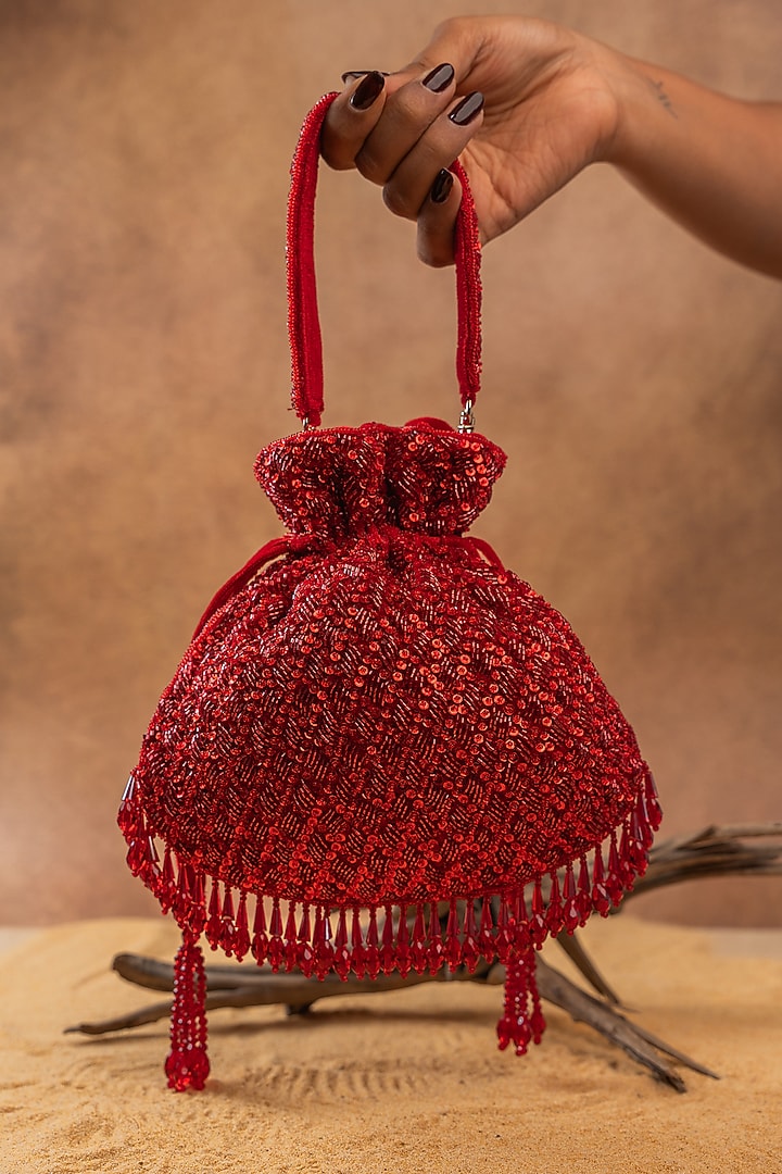 Red Silk Crystal Embroidered Potli Bag by Nayaab by Sonia at Pernia's Pop Up Shop