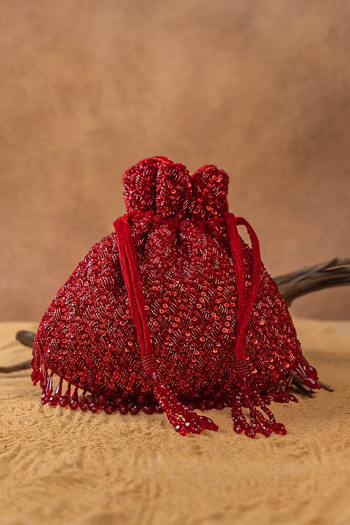 Red Silk Crystal Embroidered Potli Bag by Nayaab by Sonia at Pernia's Pop Up Shop