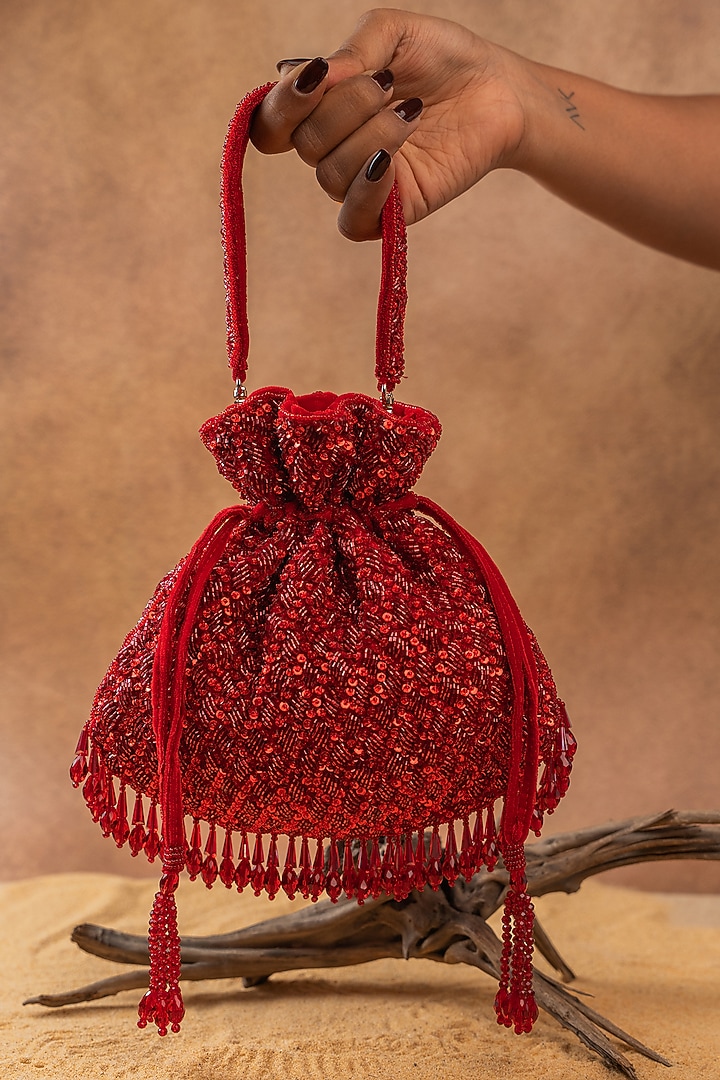 Red Silk Crystal Embroidered Potli Bag by Nayaab by Sonia at Pernia's Pop Up Shop