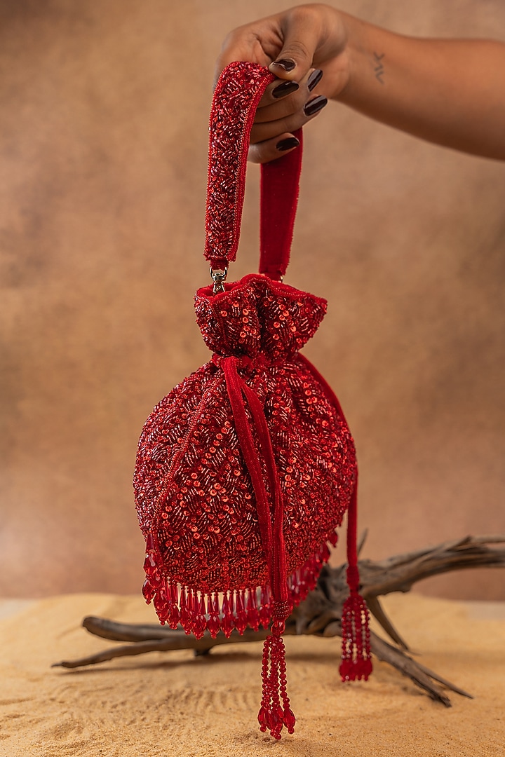 Red Silk Crystal Embroidered Potli Bag by Nayaab by Sonia at Pernia's Pop Up Shop