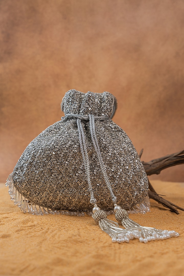 Silver Silk Bead Embroidered Potli Bag by Nayaab by Sonia at Pernia's Pop Up Shop