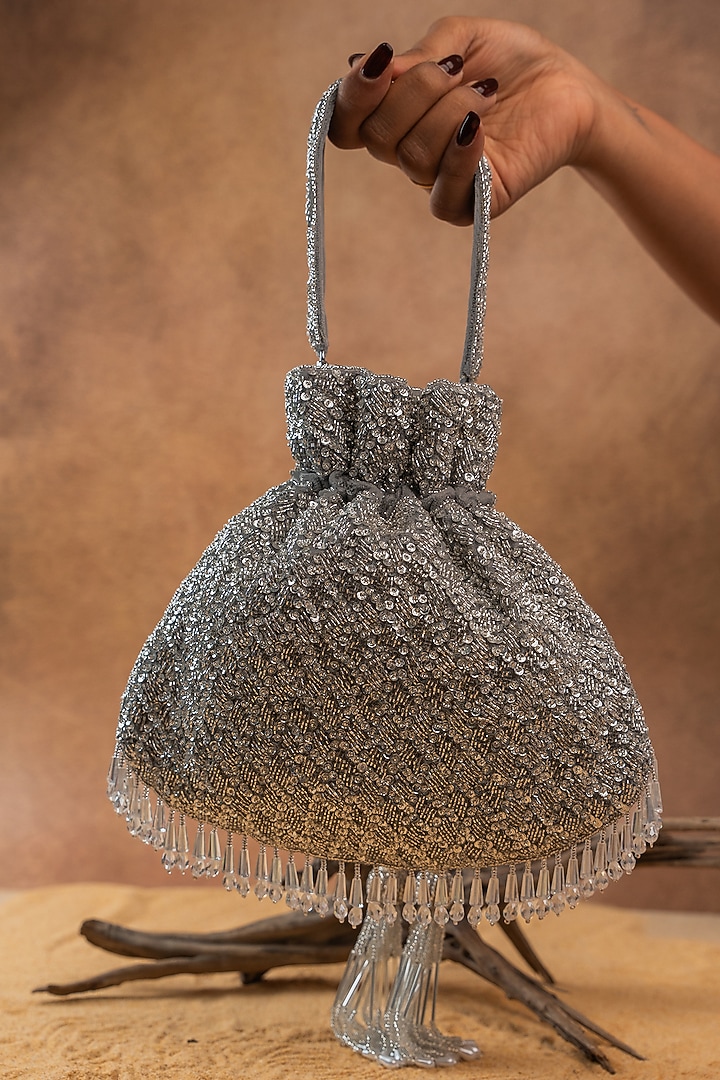Silver Silk Bead Embroidered Potli Bag by Nayaab by Sonia at Pernia's Pop Up Shop