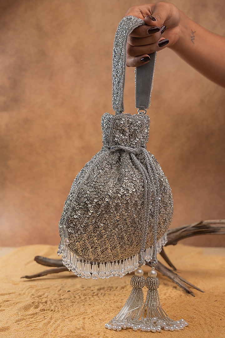 Silver Silk Bead Embroidered Potli Bag by Nayaab by Sonia at Pernia's Pop Up Shop