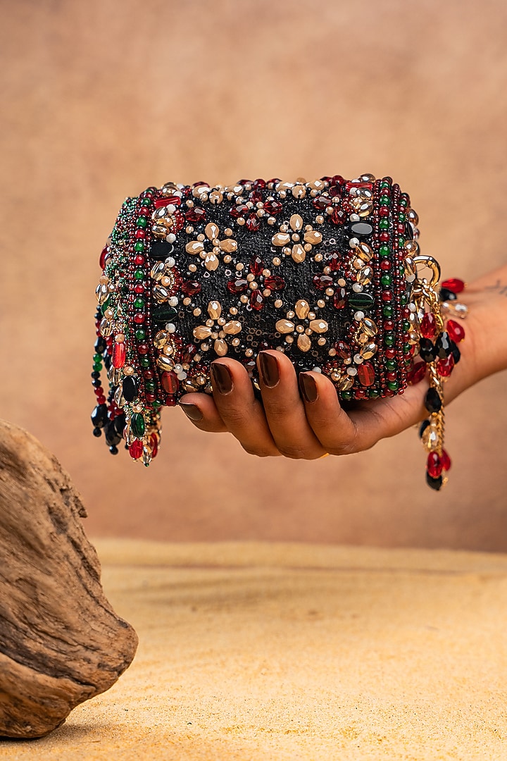 Maroon Velvet Crystal & Bead Embroidered Hand Bag by Nayaab by Sonia at Pernia's Pop Up Shop