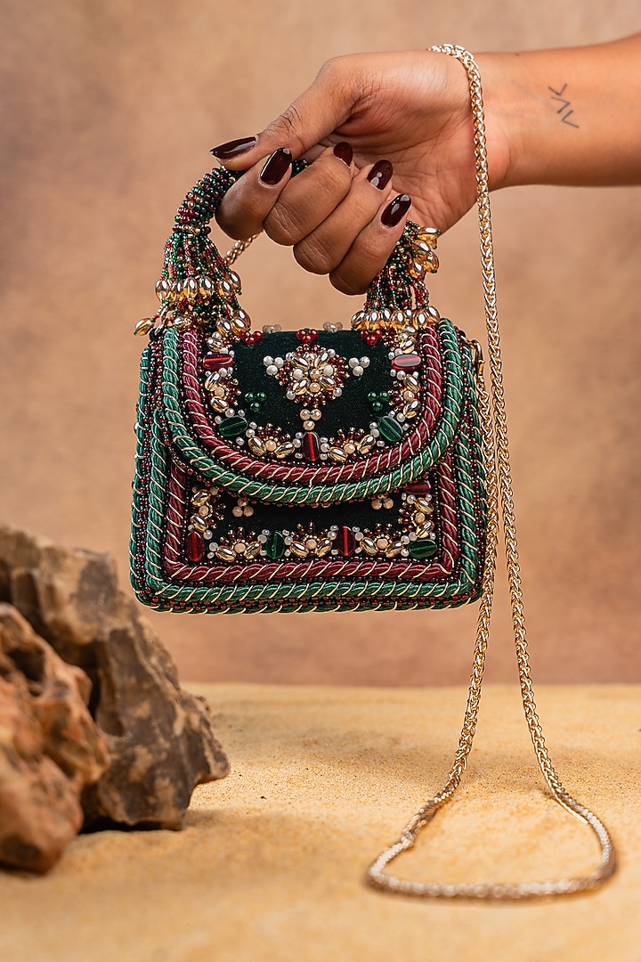 Green Velvet Bead Embroidered Handbag by Nayaab by Sonia at Pernia's Pop Up Shop