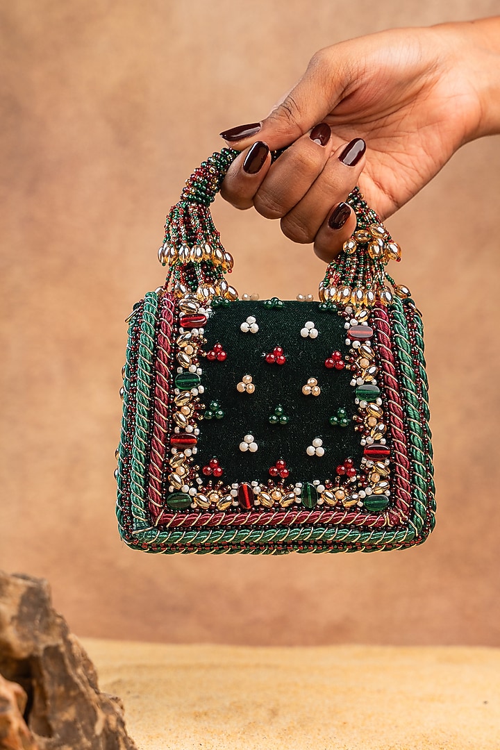 Green Velvet Bead Embroidered Handbag by Nayaab by Sonia at Pernia's Pop Up Shop