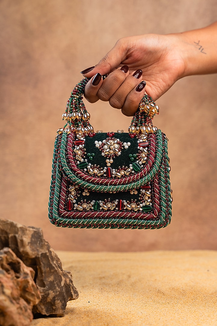 Green Velvet Bead Embroidered Handbag by Nayaab by Sonia at Pernia's Pop Up Shop