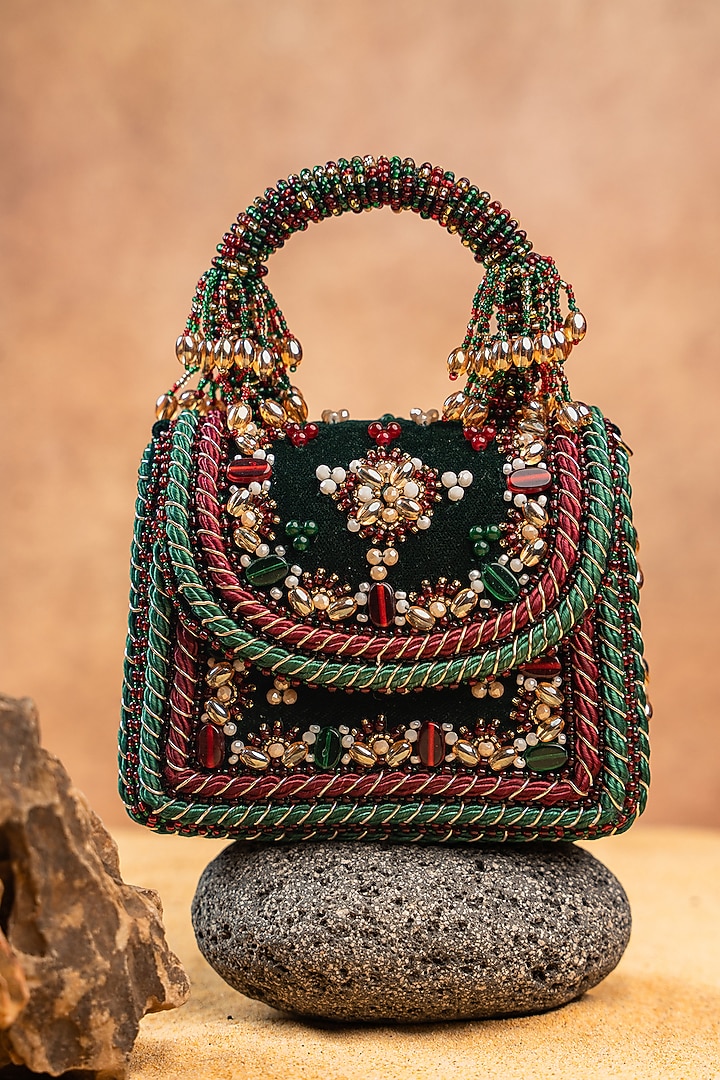 Green Velvet Bead Embroidered Handbag by Nayaab by Sonia at Pernia's Pop Up Shop