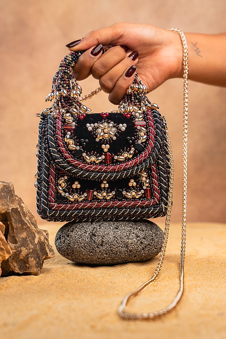 Black Velvet Glass Bead Embroidered Handbag by Nayaab by Sonia at Pernia's Pop Up Shop