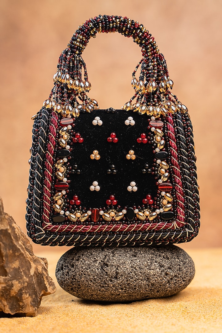 Black Velvet Glass Bead Embroidered Handbag by Nayaab by Sonia at Pernia's Pop Up Shop