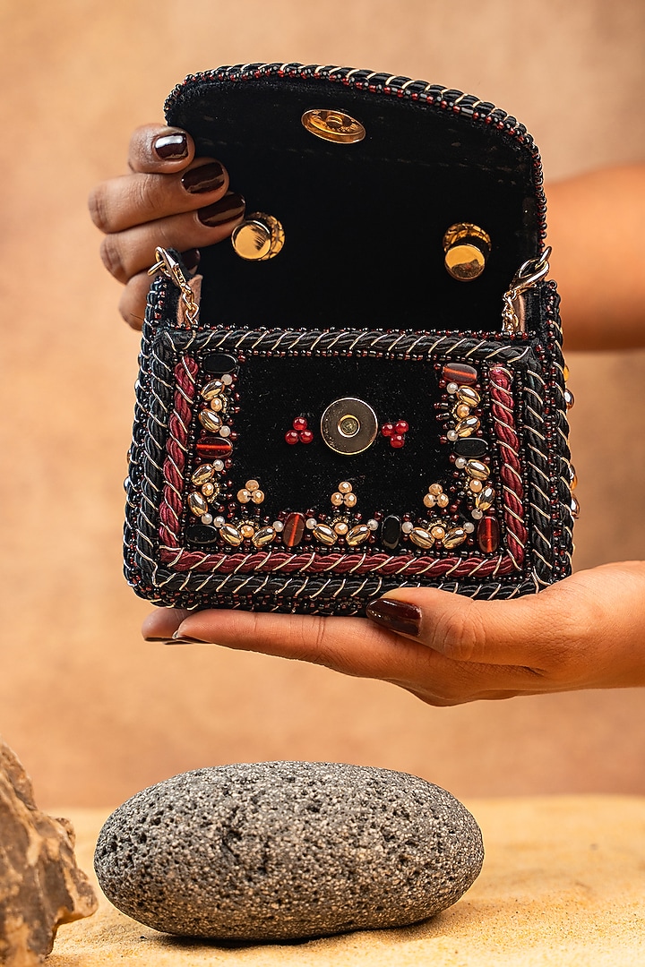 Black Velvet Glass Bead Embroidered Handbag by Nayaab by Sonia at Pernia's Pop Up Shop