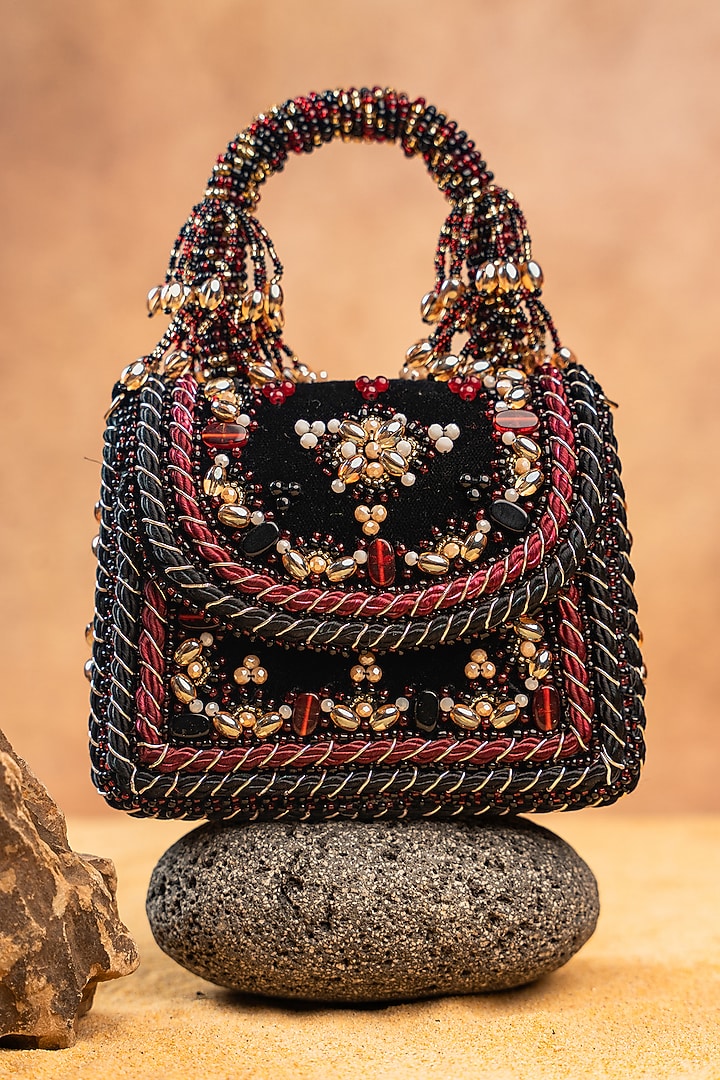 Black Velvet Glass Bead Embroidered Handbag by Nayaab by Sonia at Pernia's Pop Up Shop