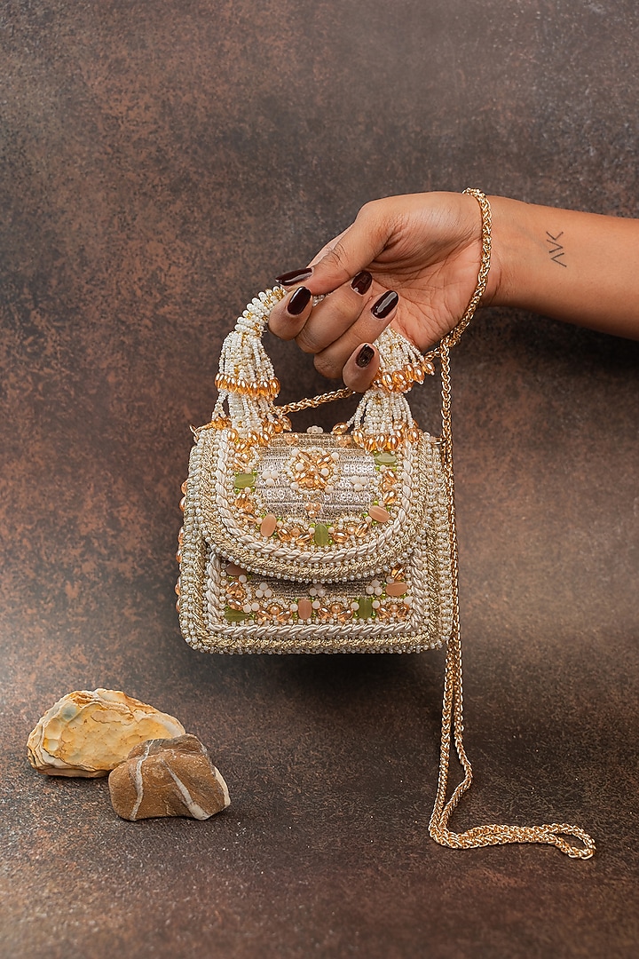Gold Velvet Bead Embroidered Handbag by Nayaab by Sonia at Pernia's Pop Up Shop