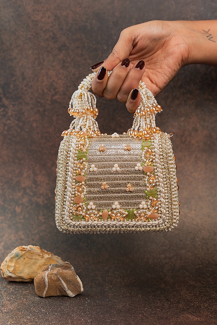 Gold Velvet Bead Embroidered Handbag by Nayaab by Sonia at Pernia's Pop Up Shop