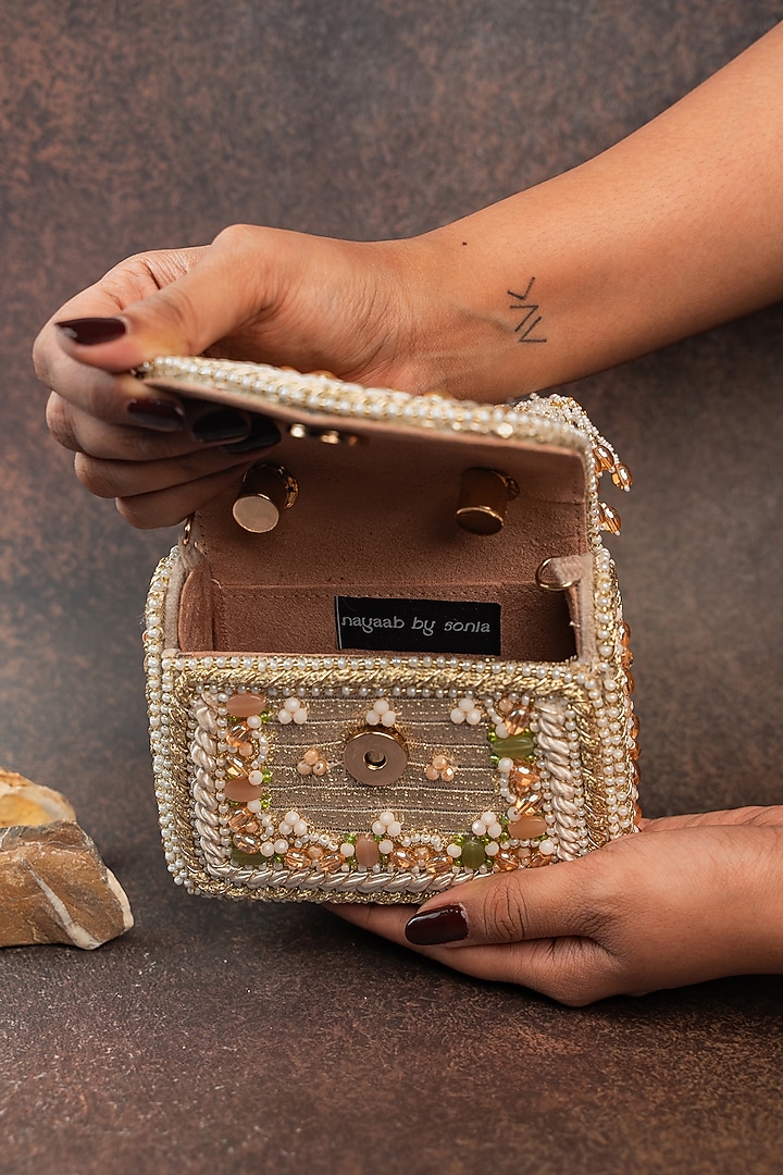 Gold Velvet Bead Embroidered Handbag by Nayaab by Sonia at Pernia's Pop Up Shop